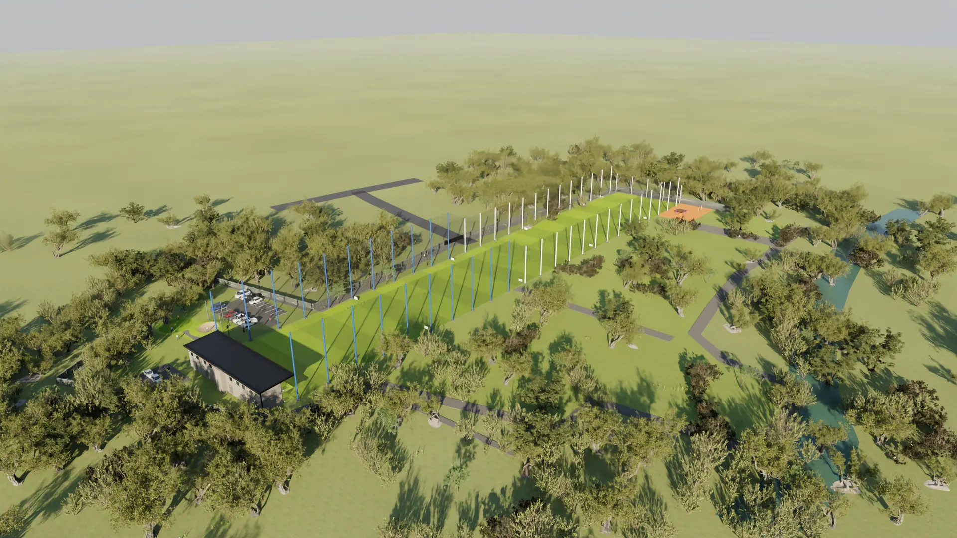 The whole property from the south-west, 235 metres of outfield with the building at the west end