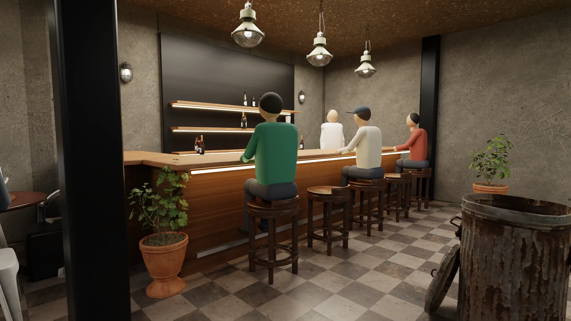 The bar at six: a bartender in the well, three at the counter and two at the nearest table