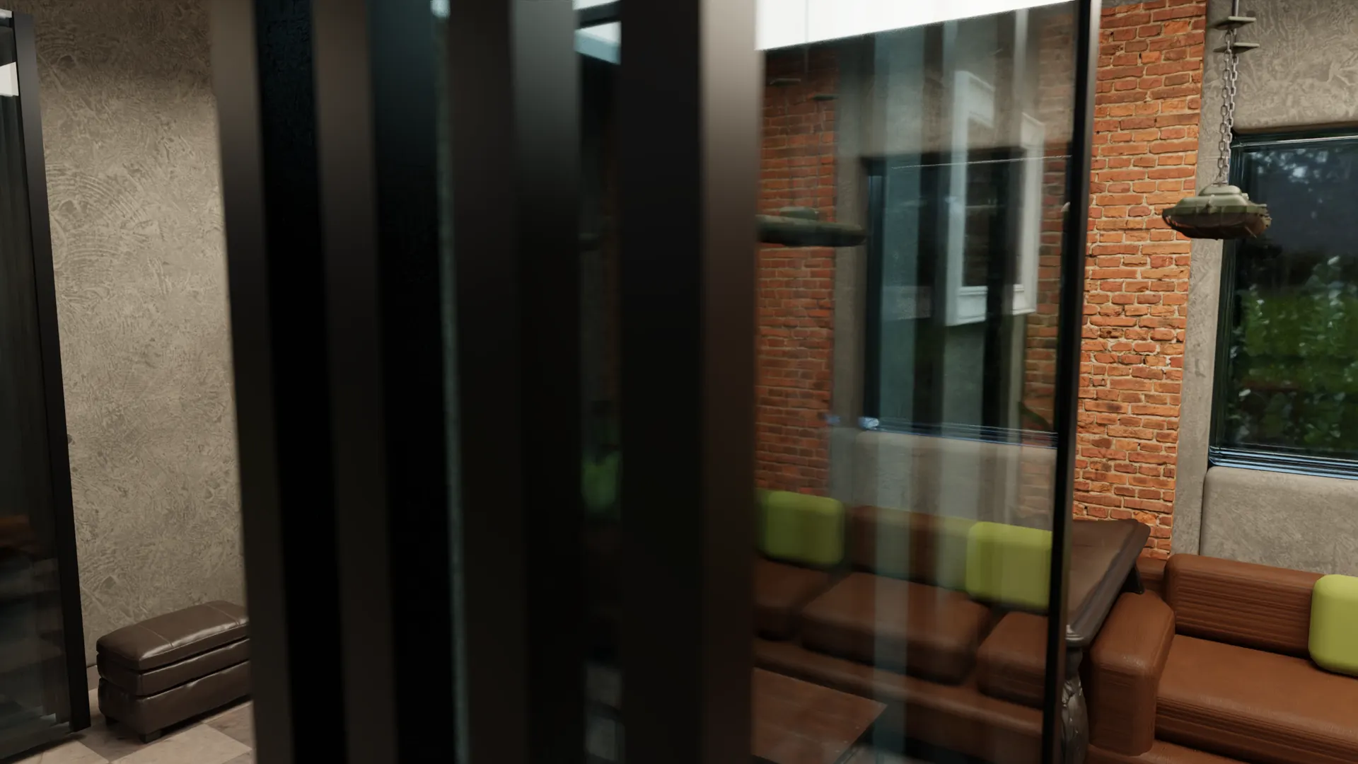Across the threshold of a VIP room, warm light on the brick