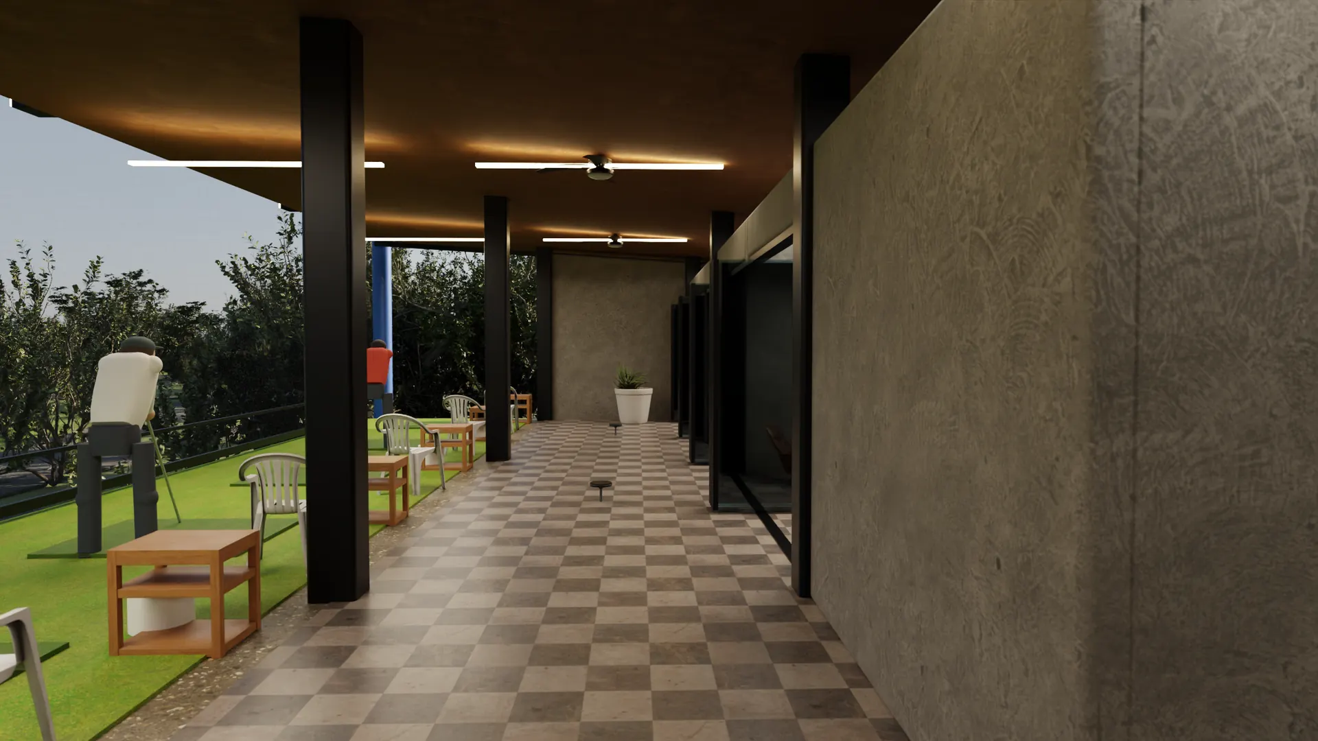 The upper-floor hallway at dusk: the bays and the deck on one side, the VIP glass on the other