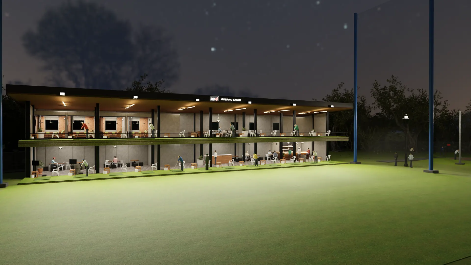 The building at night, every bay lit, the outfield floodlit to the far posts