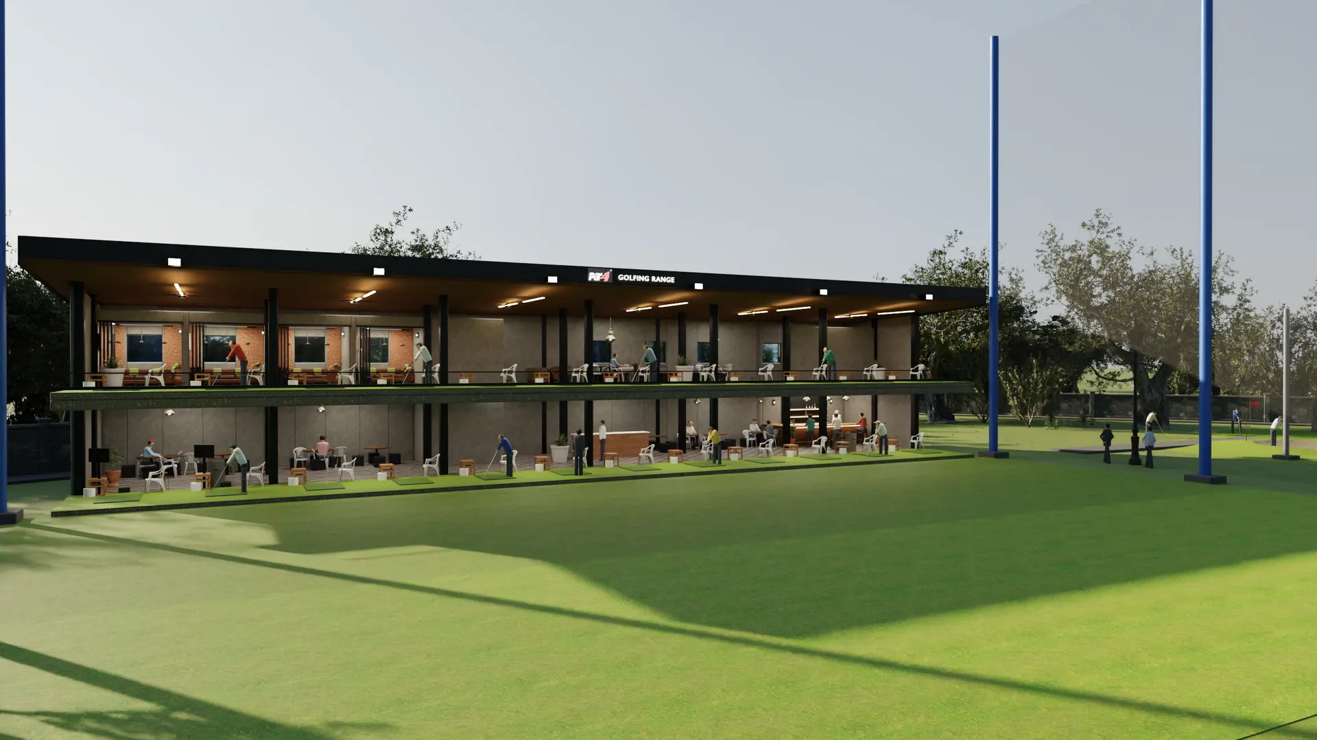 The two-deck tee-box building with twenty-four covered bays, the sign on the fascia