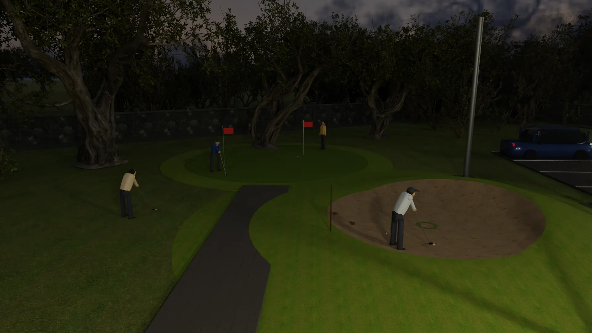 The green and the bunker after dark, the range floodlit behind them