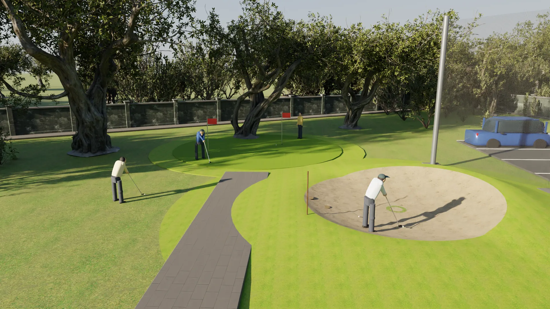 The putting green and sand bunker beside the parking, the range netting to the right