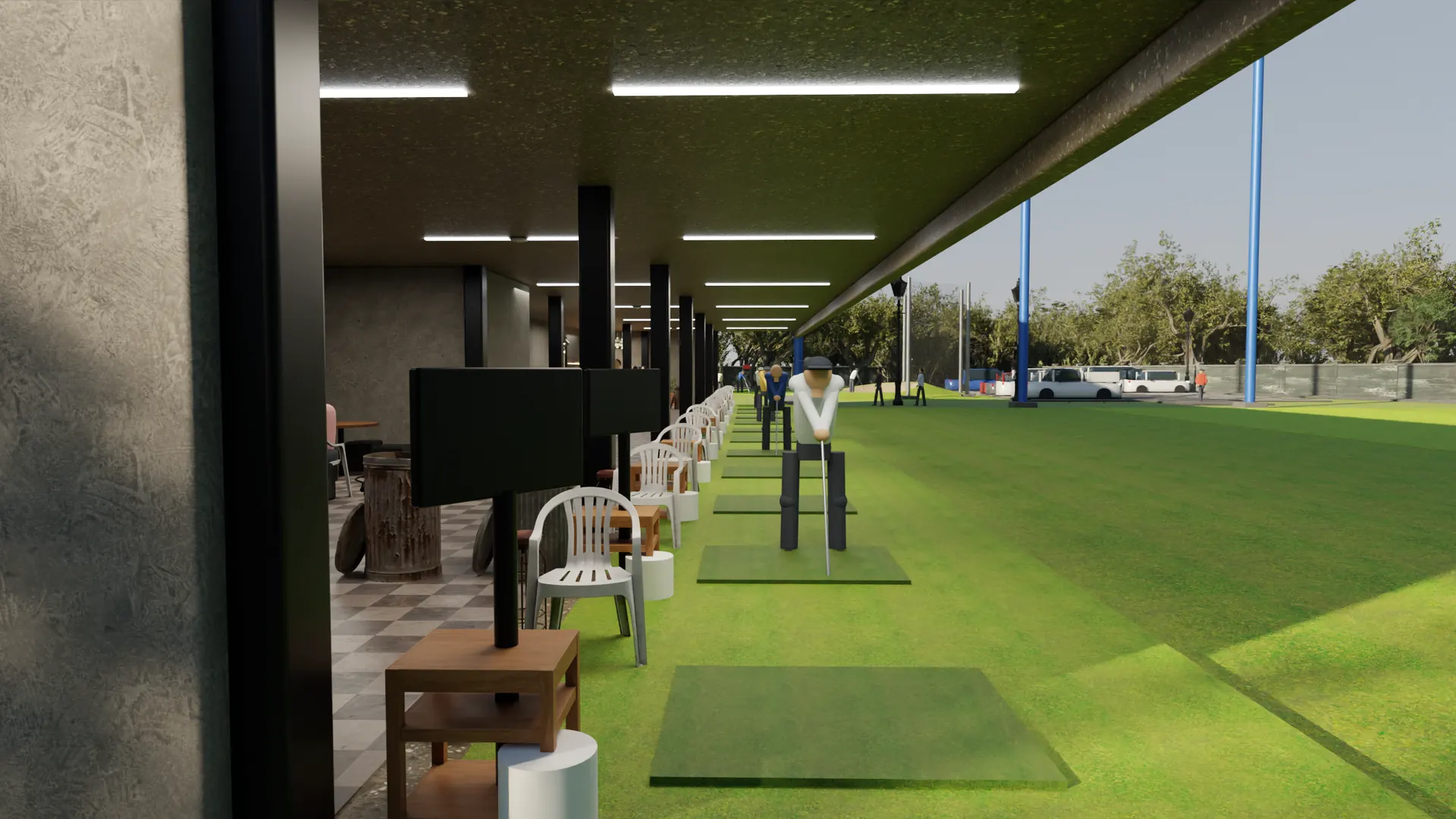 Looking along the ground-floor bay line: two launch-monitor screens, the mats, a golfer at address and the outfield through the open frontage