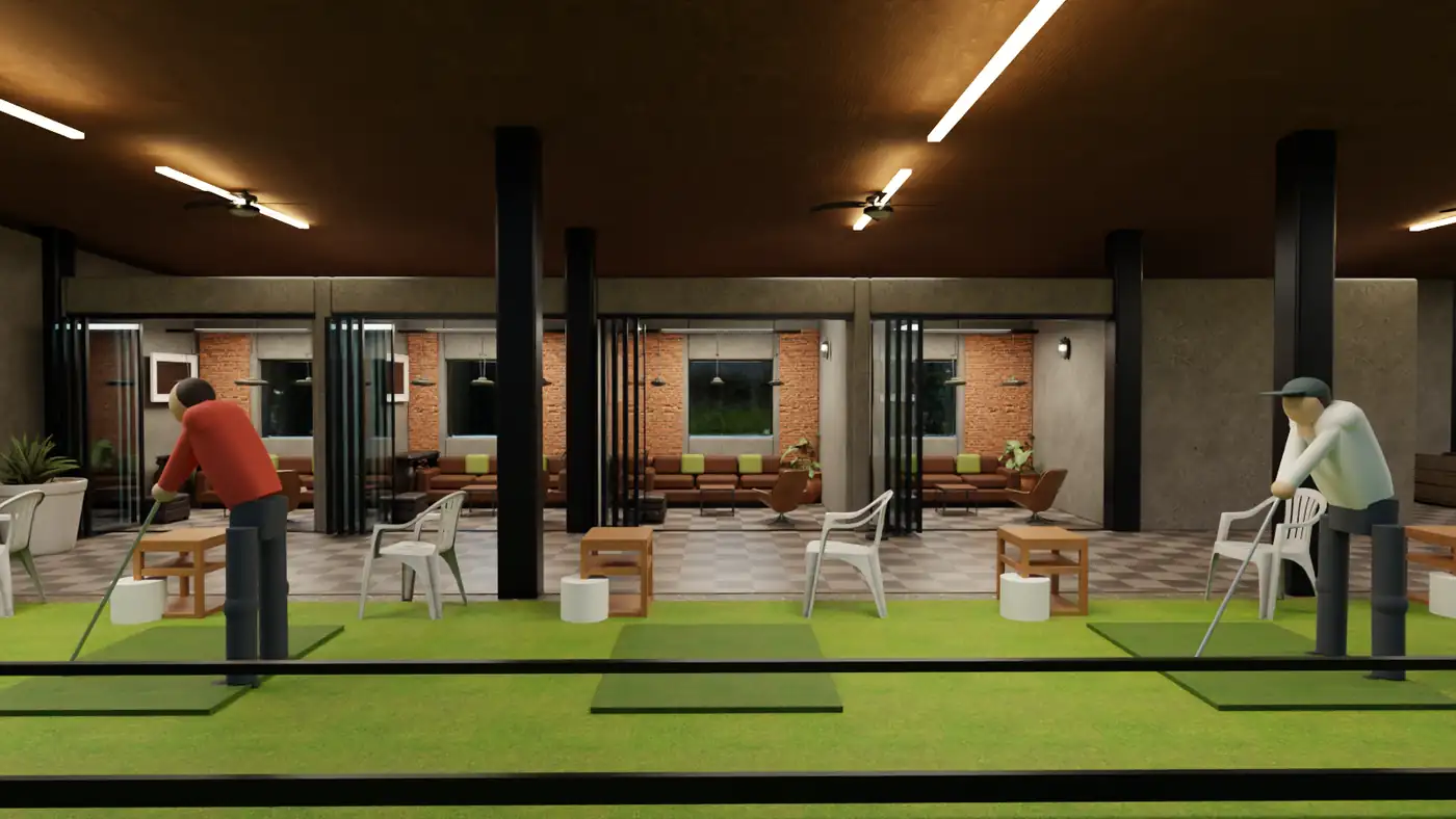 From the bay, across the hallway and through the open folding glass wall into a VIP room