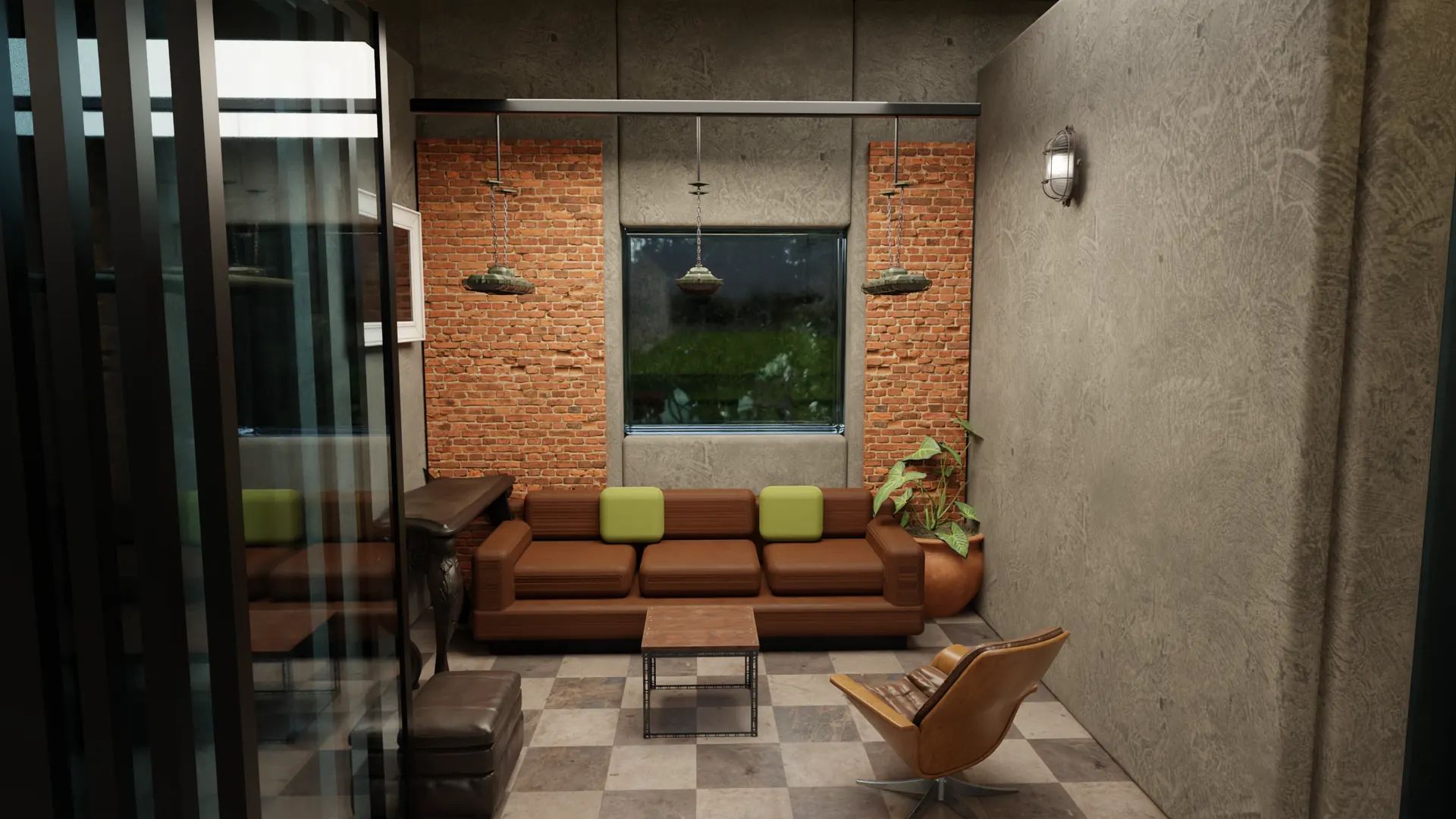 From the bay, across the hallway and through the open folding glass wall into a VIP room